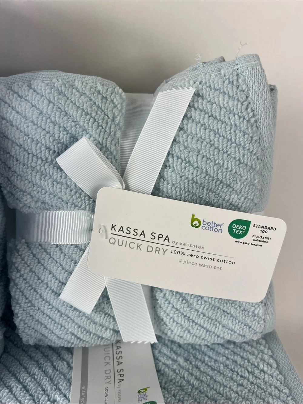 Kassa Spa Bath Towel Set Light Blue Soft Zero Twist Cotton Textured 8 Pc NEW